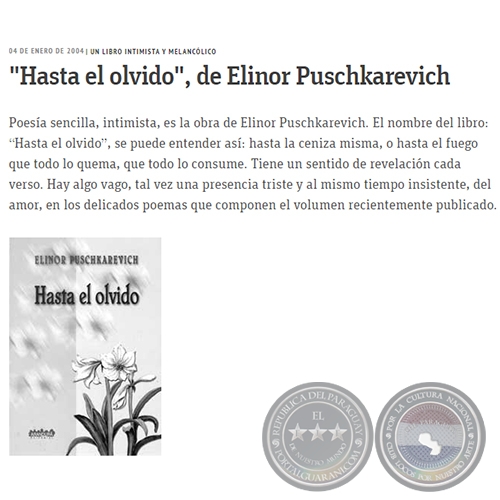 HASTA EL OLVIDO, DE ELINOR PUSCHKAREVICH - UN LIBRO INTIMISTA Y MELANCÓLICO - Domingo, 24 de Enero de 2004